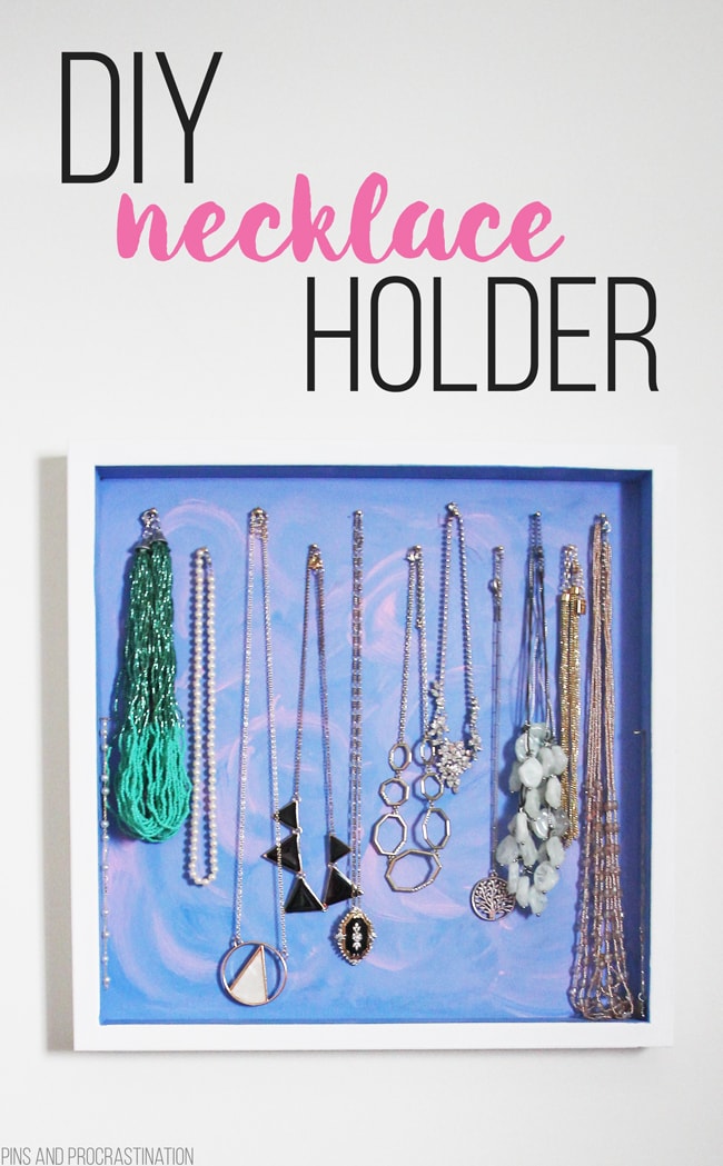 I've been terrible at organizing my necklaces- they always get disordered and tangled. I wanted an easy organizer that made it easy to find and put my necklaces away. So I got to DIY-ing, and came up with this DIY necklace holder. And it has been working great for me! Not only is it effective for organizing, the DIY necklace hanger looks attractive and brightens up my closet. Add to it the fact that it took me about 20 minutes total to make, hang, and add all my necklaces, and I couldn't be happier!