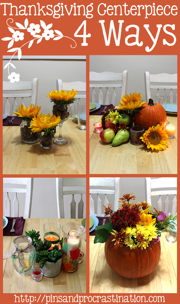 Looking for thanksgiving centerpiece ideas? Here are 4 different thanksgiving centerpieces you can use! All are absolutely lovely. They use sunflowers, pumpkins, gourds, and acorns! The perfect combinations for great thanksgiving centerpieces. If you need some inspiration this thanksgiving you should definitely check these out.